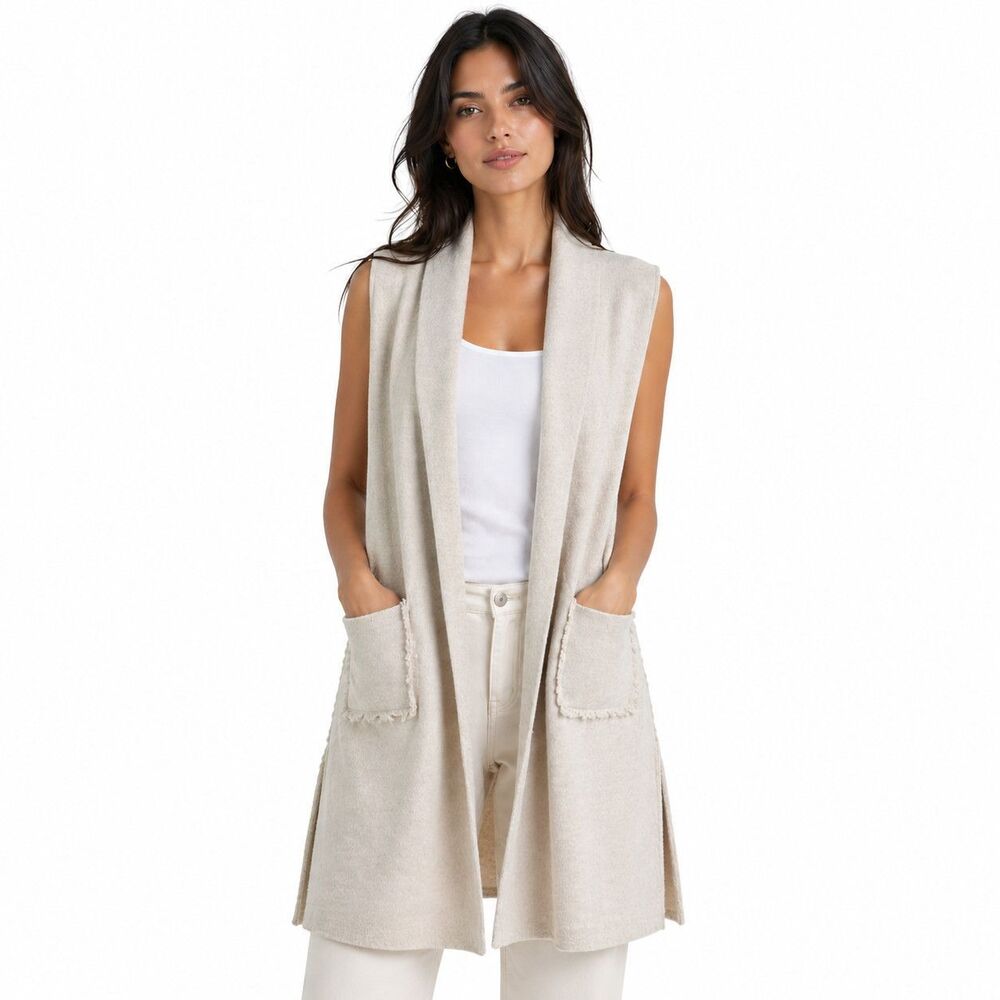 Tahari Sweater Vest Womens Large Beige Open Front Fringe Pocket Knit Longline